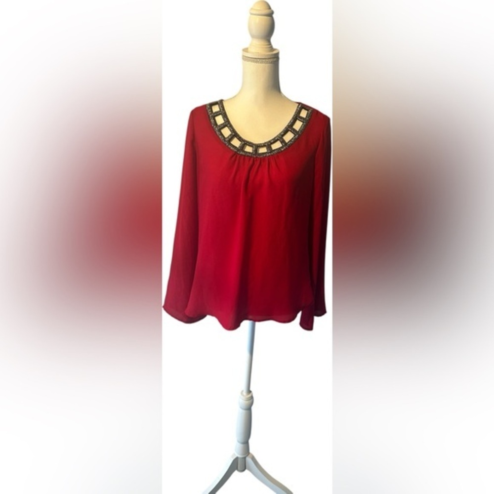 HeartSoul Red Blouse with Embellished Neckline